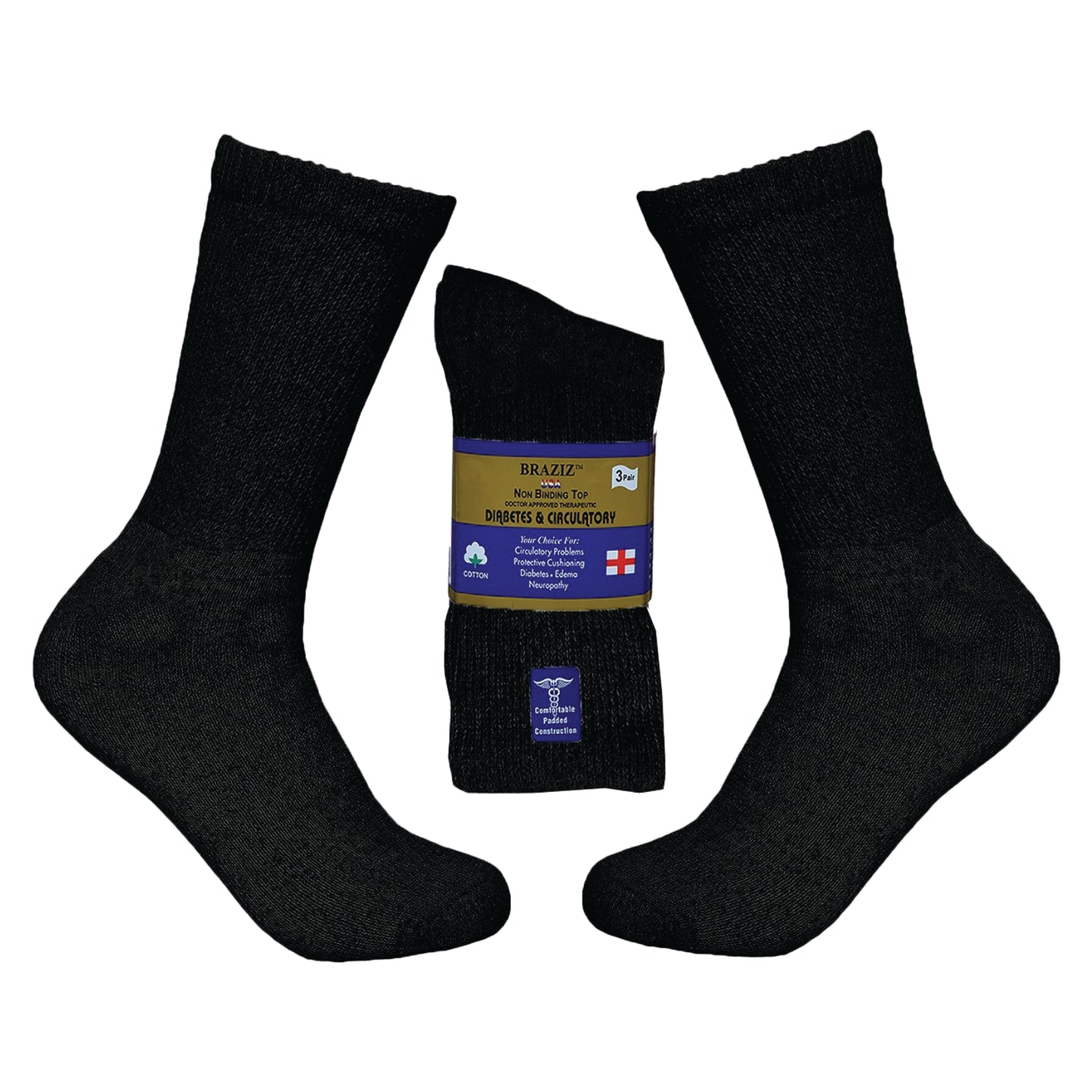 3 Pair Non-Binding Diabetic Crew Socks – Cotton Comfort for Circulation Support