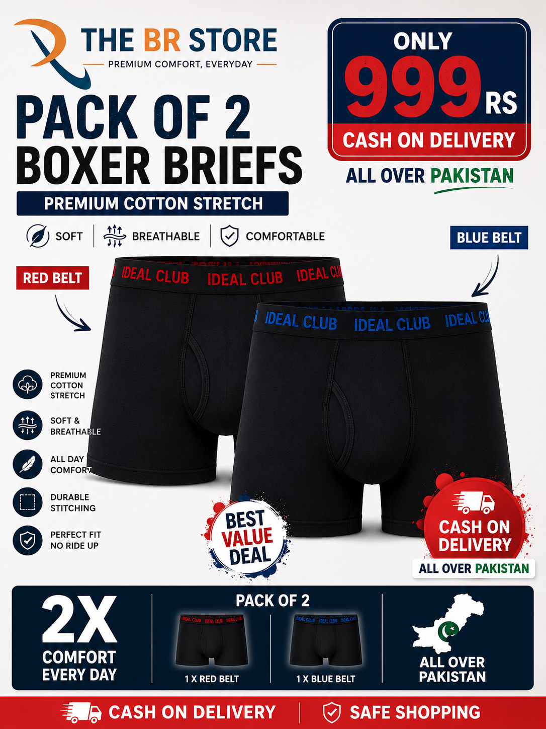 Premium Cotton Stretch Boxer Briefs – Pack of 2 (Red & Blue Waistband