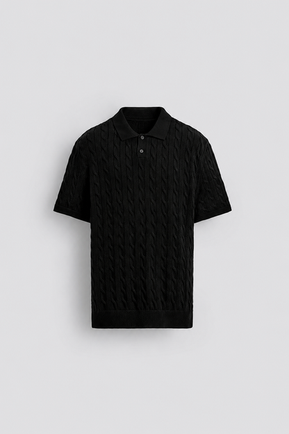 Men's Premium Cable Knit Polo Shirt – Black