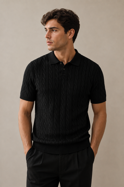 Men's Premium Cable Knit Polo Shirt – Black